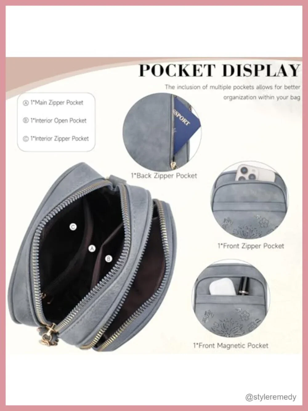 RFID Crossbody Bag with Card Slots, Faux Leather Triple Compartment Shoulder